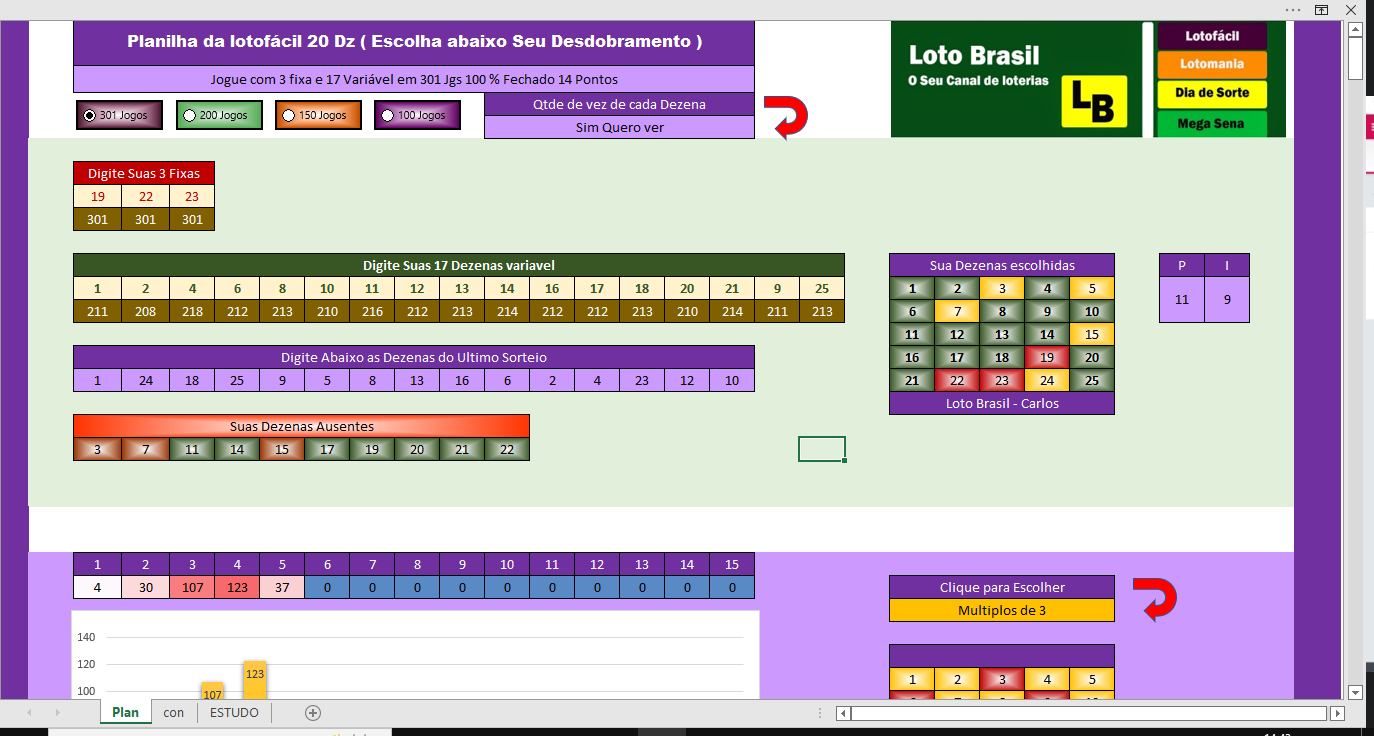 DESDOBRAMENTO LOTOFÁCIL 20 DEZENAS - CRIAR 04 JOGOS DIFERENTES 